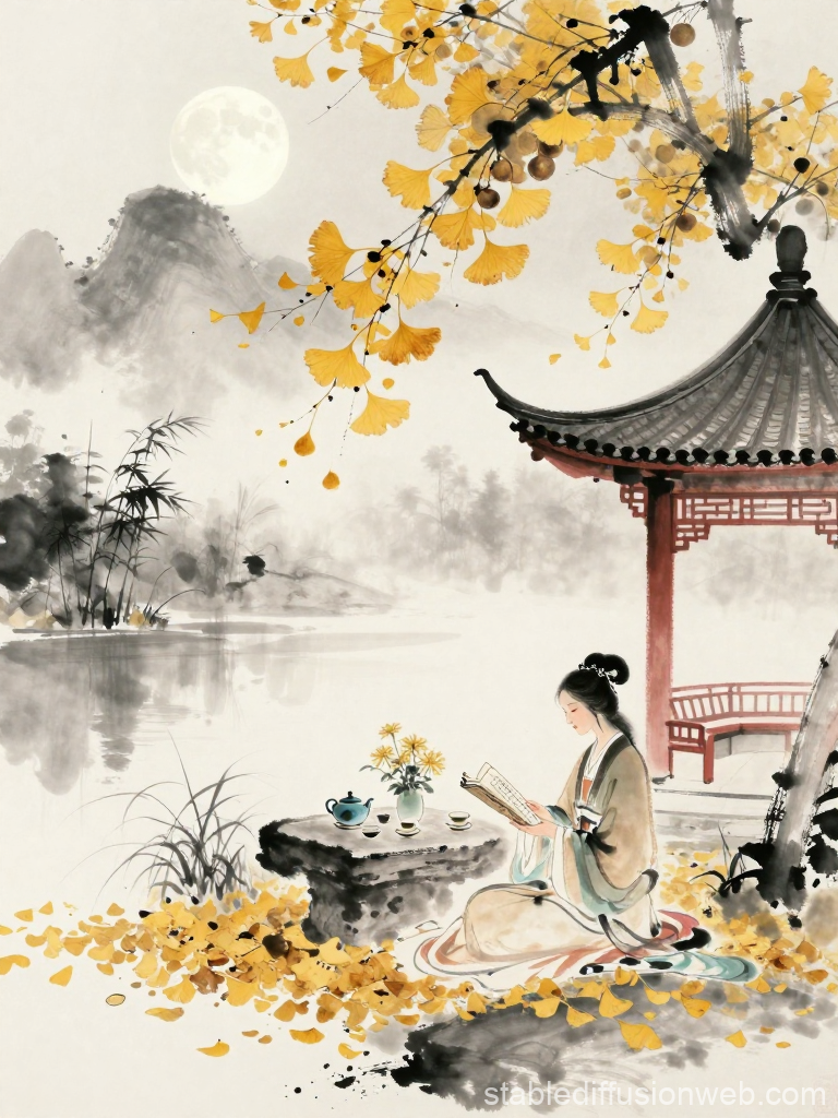 Serene Autumn Reading by the Pavilion in Zen Ink Wash Style