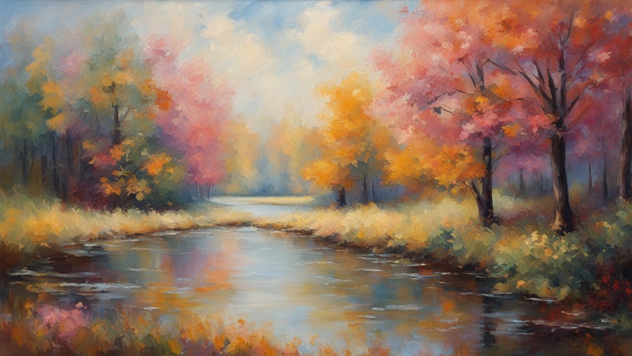 Serene Autumn River Landscape Painting