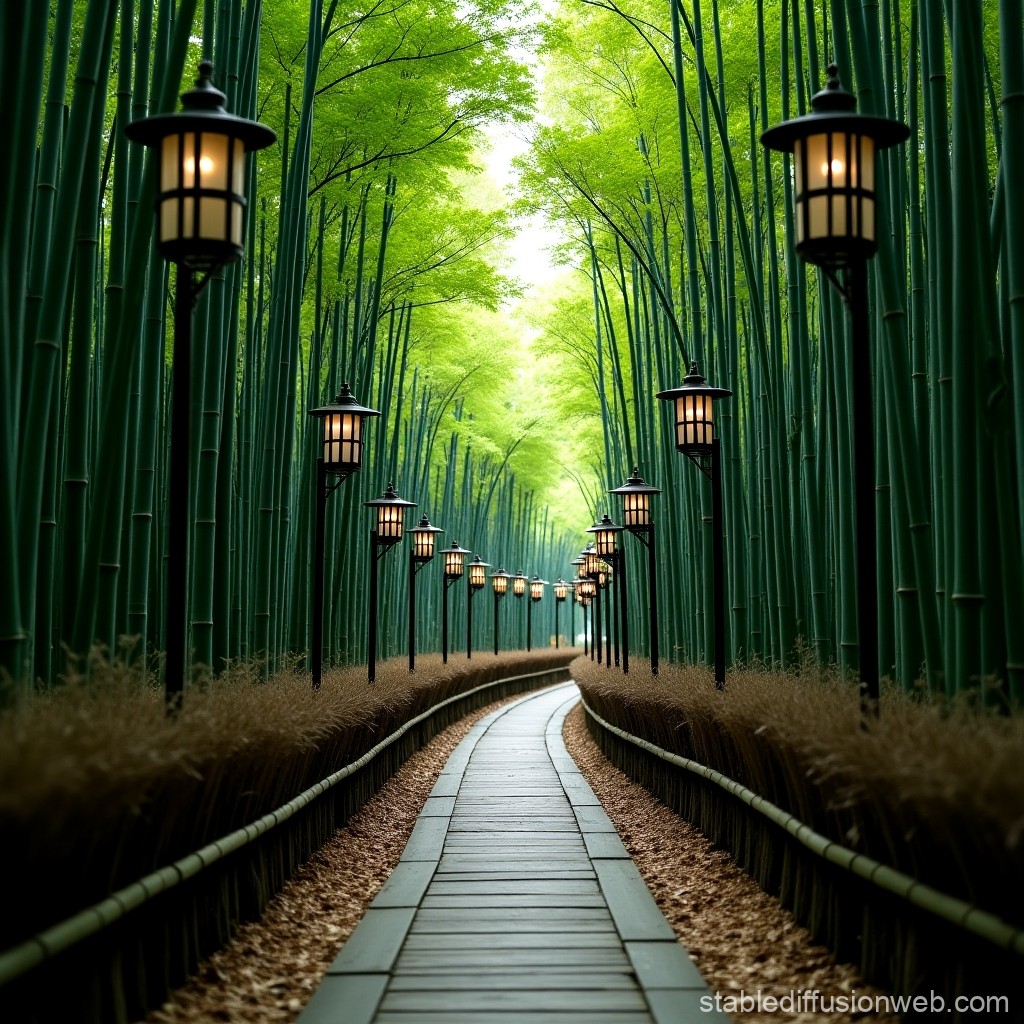 Serene Bamboo Forest Pathway with Lanterns