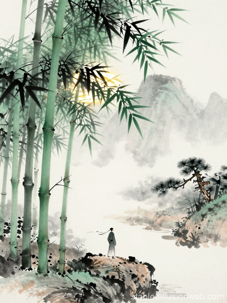 Serene Bamboo Forest with Lone Figure by the River
