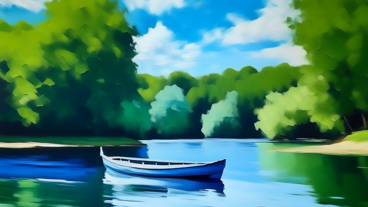 Serene Boat on a Tranquil Lake with Lush Green Trees