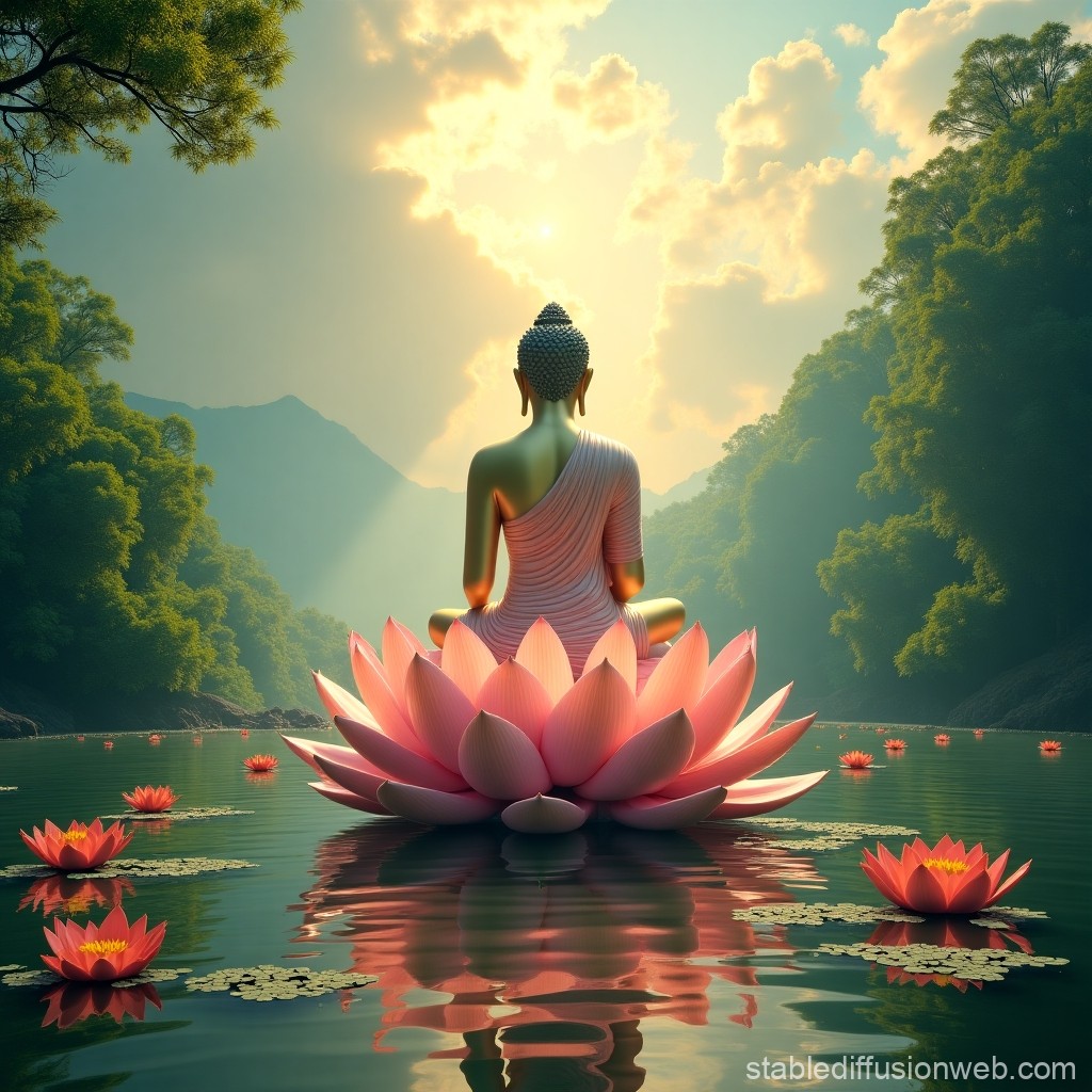 Serene Buddha Meditating on a Giant Lotus in Tranquil Lake