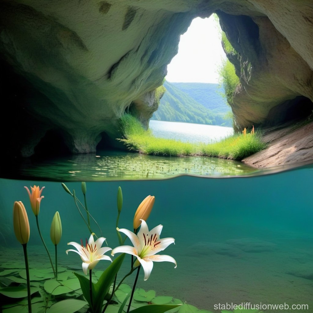 Serene Cave Lake with Lilies Underwater