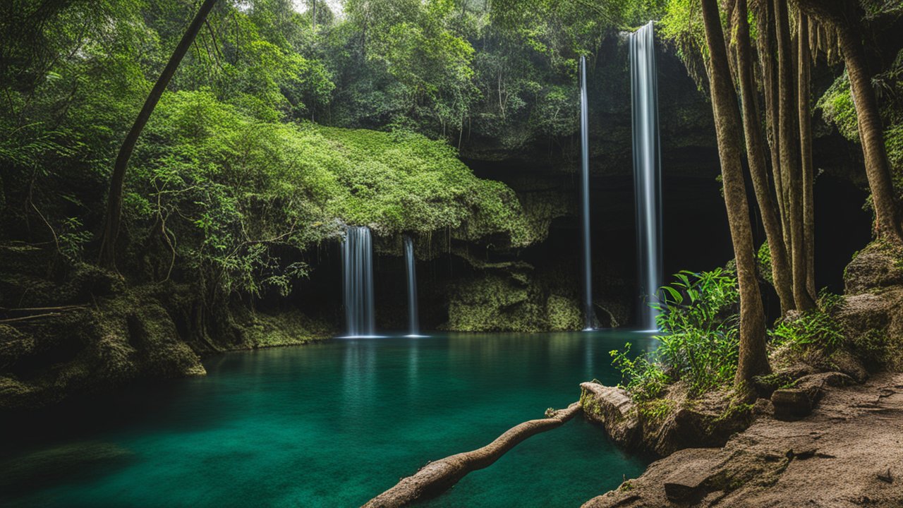 Serene Cenote with Waterfalls and Lush Greenery