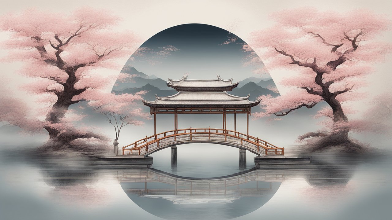 Serene Chinese Landscape with Traditional Bridge and Cherry Blossoms