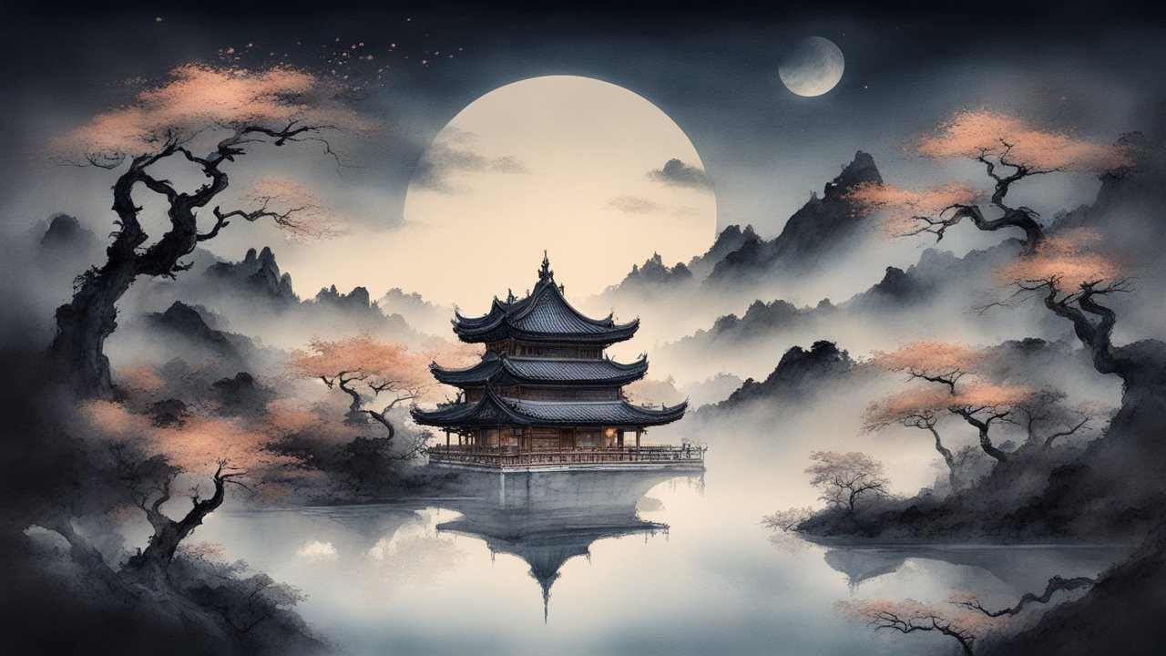 Serene Chinese Pavilion by Moonlit Lake