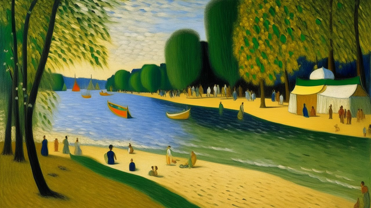 Serene Danube Beach with Boats and People