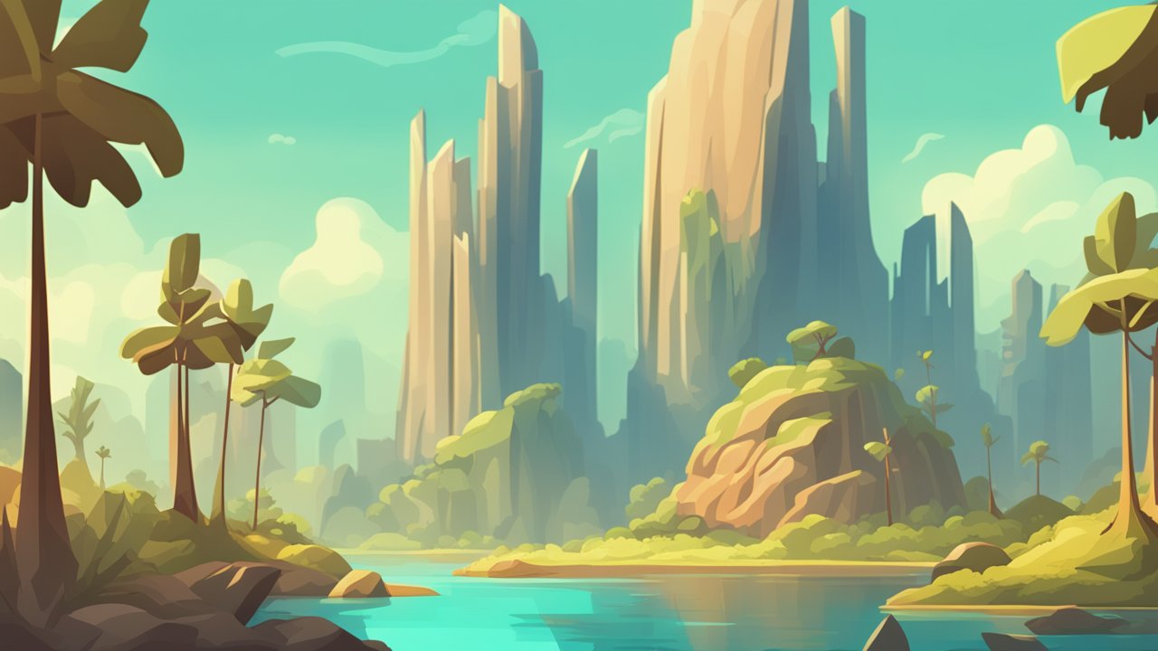 Serene Fantasy Landscape with Towering Rock Formations