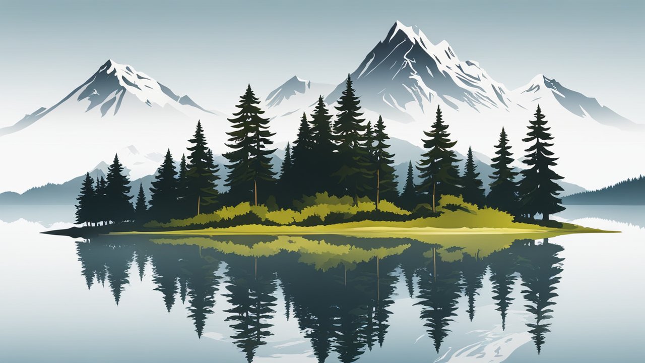 Serene Fir Forest Island with Mountain Reflection