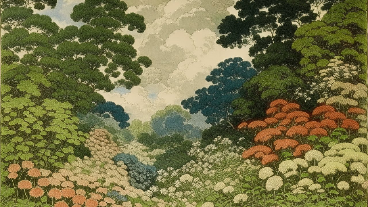 Serene Floral Landscape with Lush Trees and Clouds