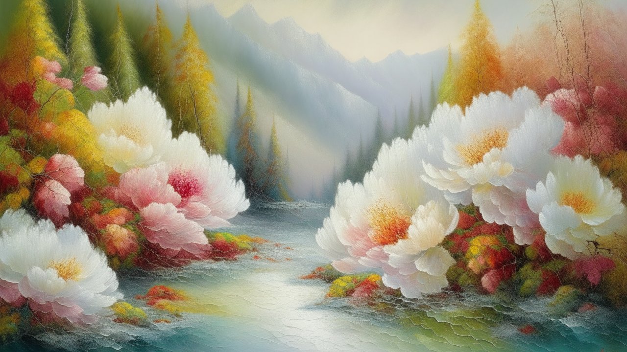 Serene Floral Landscape with Misty Mountains