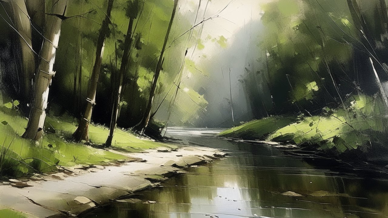 Serene Forest River in Oil Painting