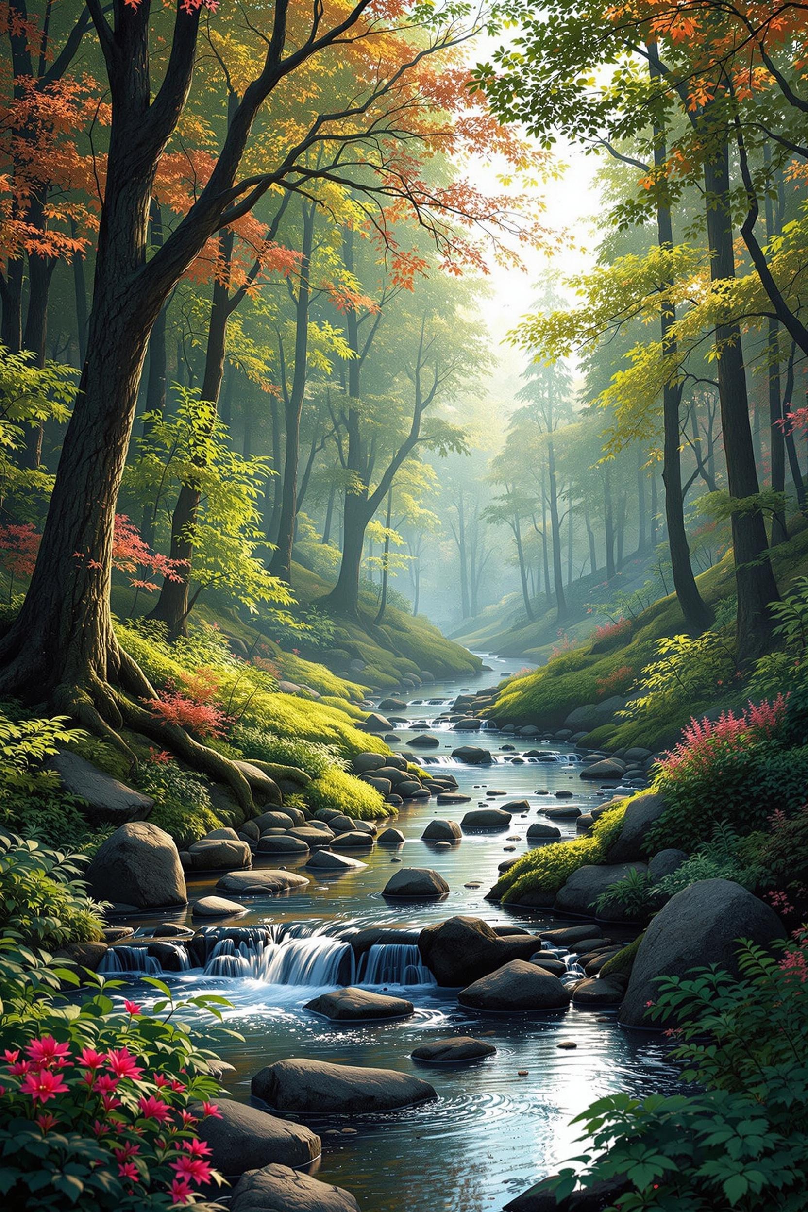 Serene Forest Stream in Autumn Light