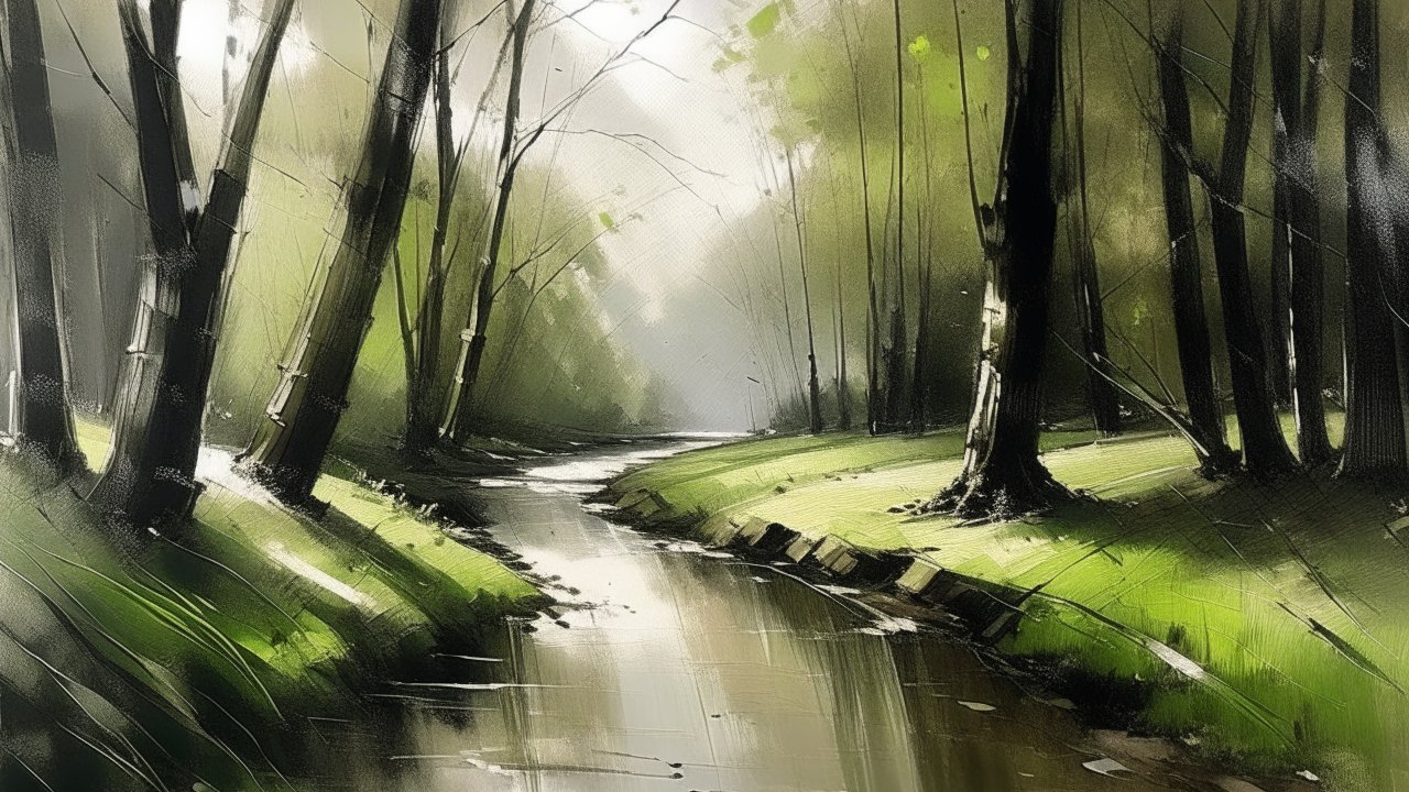 Serene Forest Stream Oil Painting