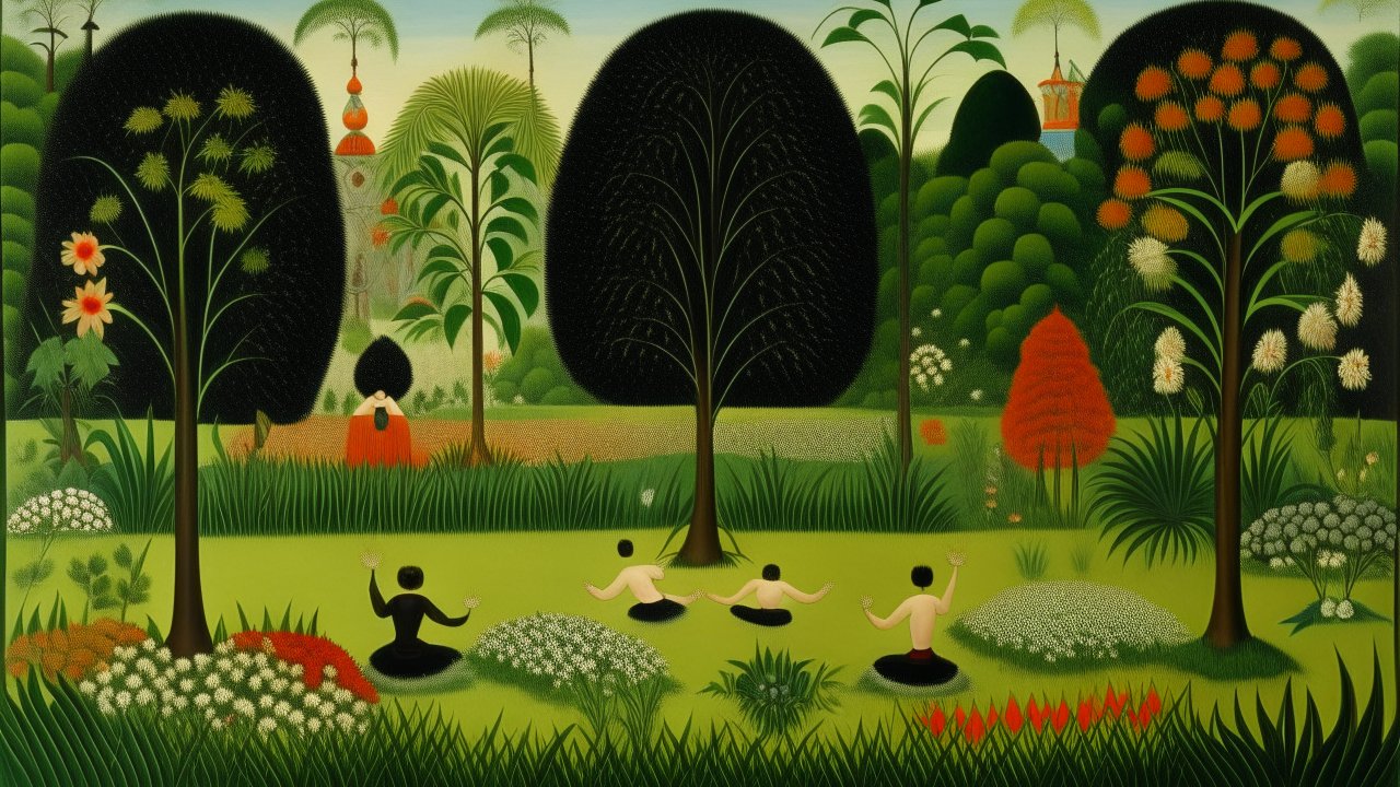 Serene Garden Meditation with Stylized Trees and Figures