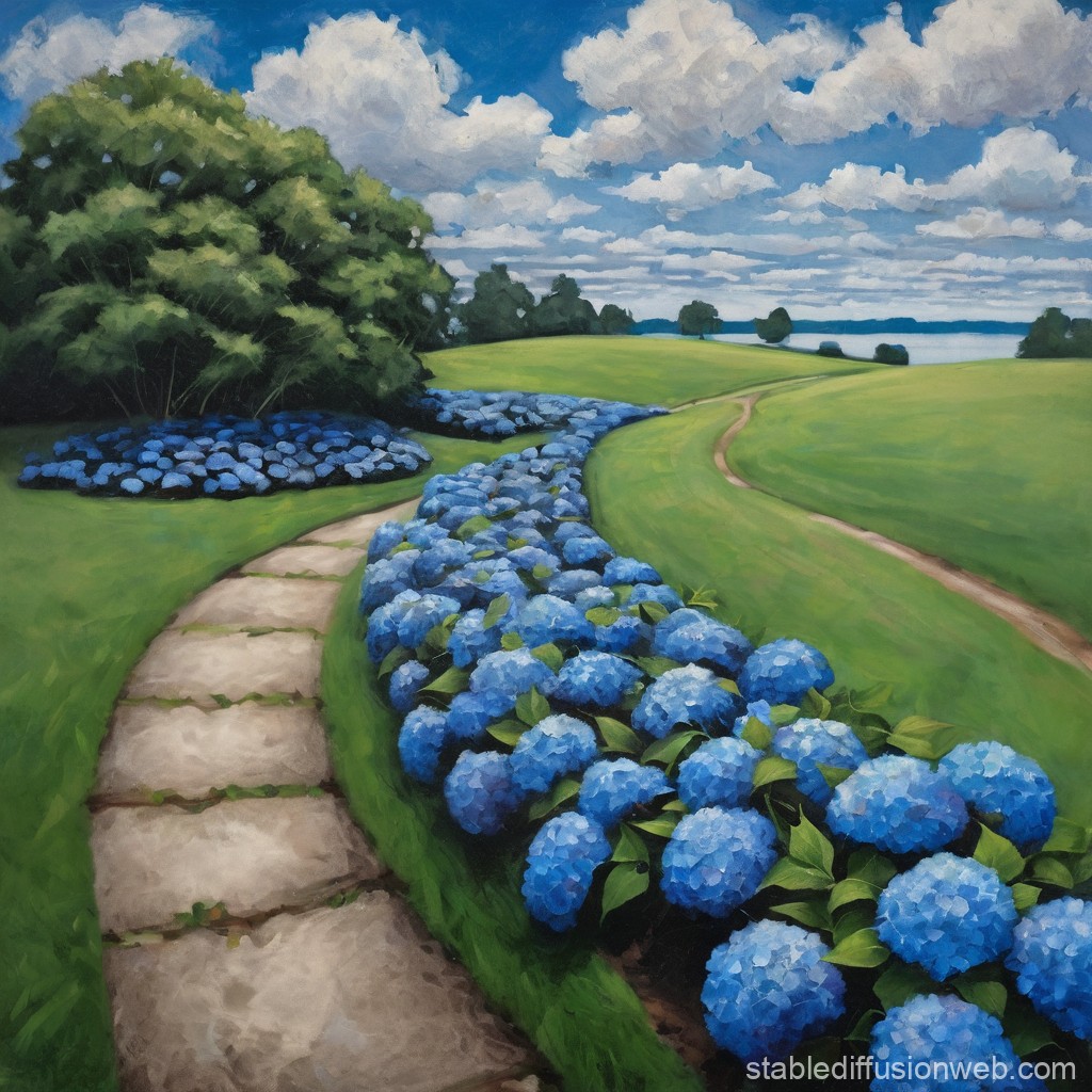 Serene Garden Path with Blue Hydrangeas Under a Cloudy Sky