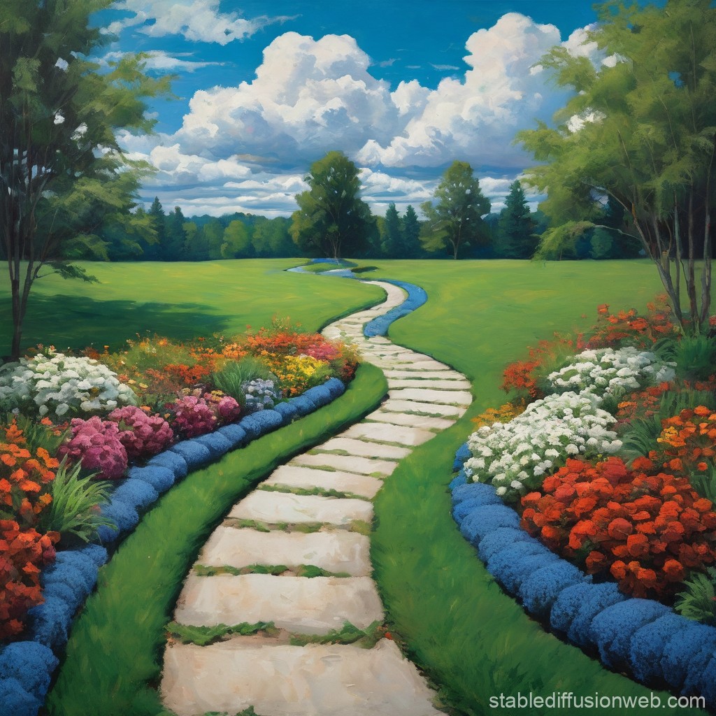 Serene Garden Pathway Under Blue Sky