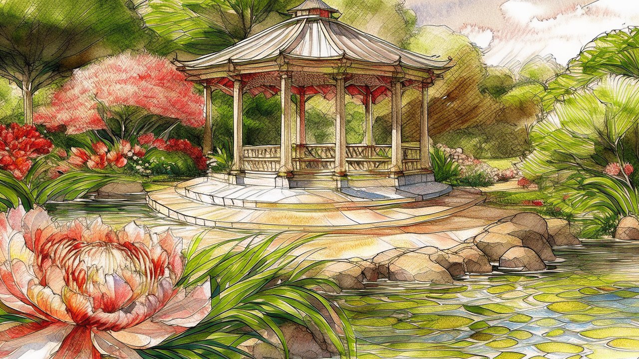 Serene Garden Pavilion by the Water