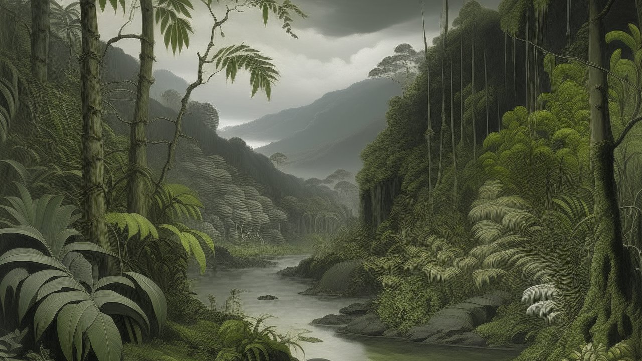 Serene Gray Jungle Landscape with River and Lush Foliage