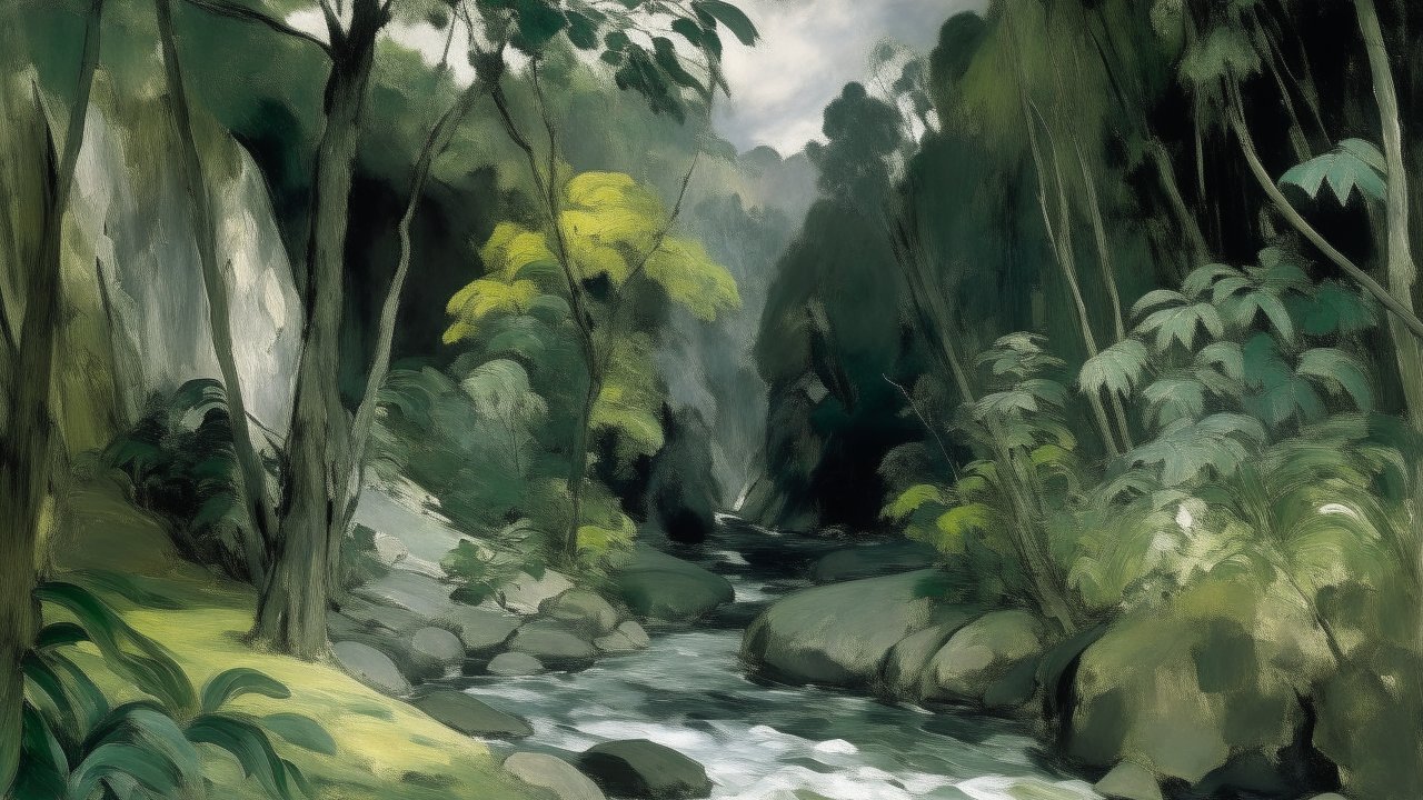 Serene Gray Jungle River Landscape