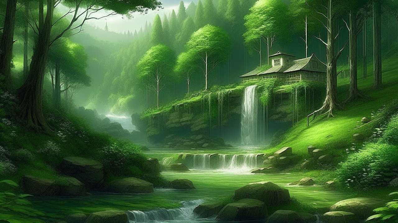 Serene Green Forest Waterfall with Traditional House