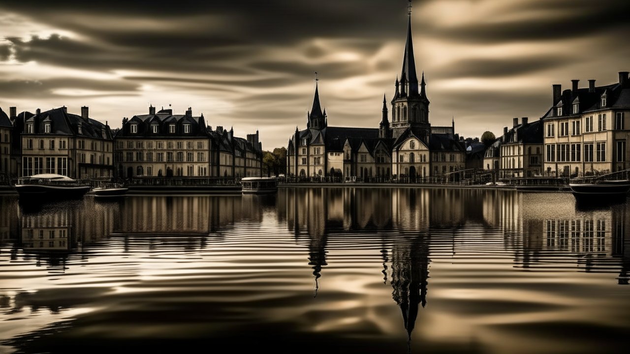 Serene Historic Town Reflected on Rippling Water