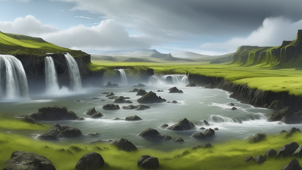 Serene Icelandic Waterfalls and Rocky River Landscape