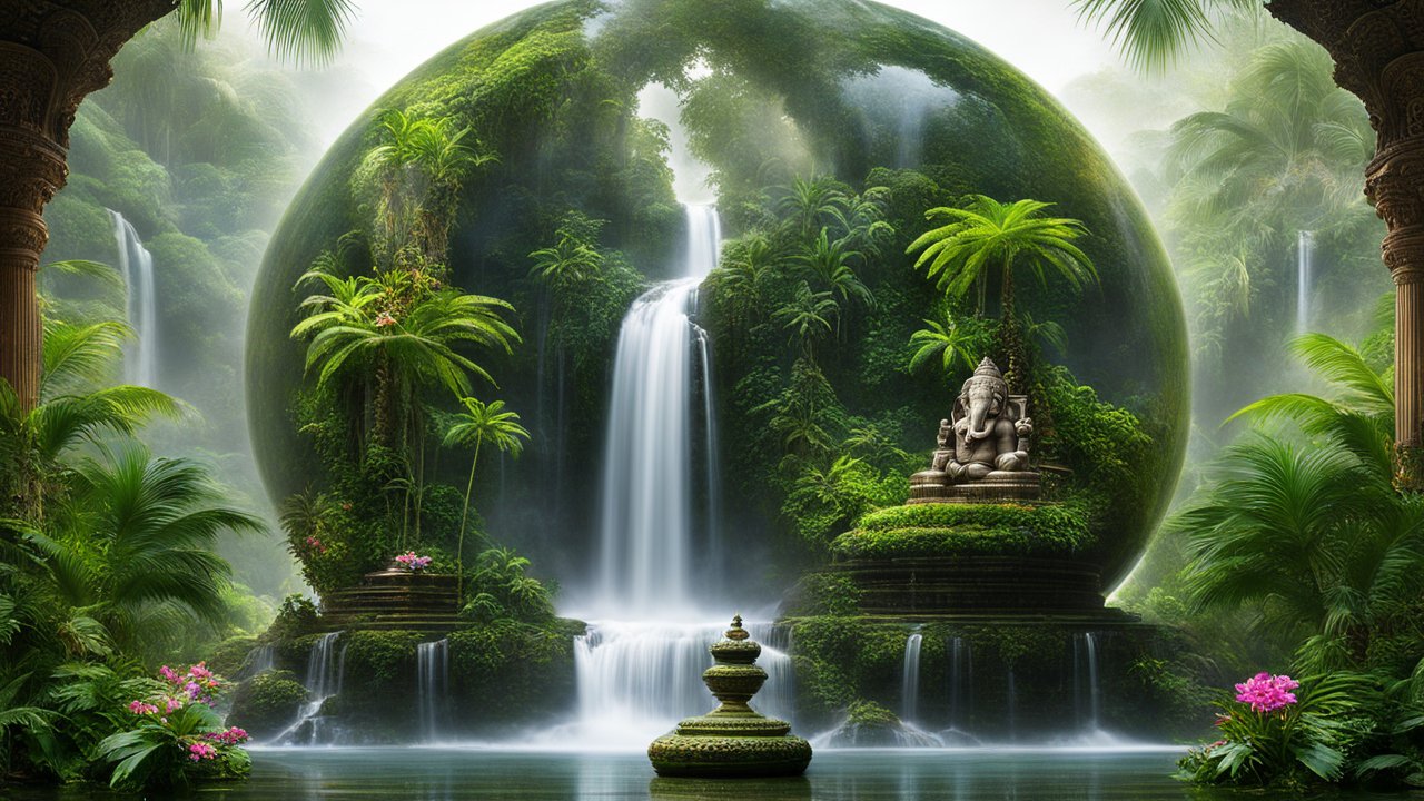 Serene Indian Temple with Ganesh Statue and Waterfalls