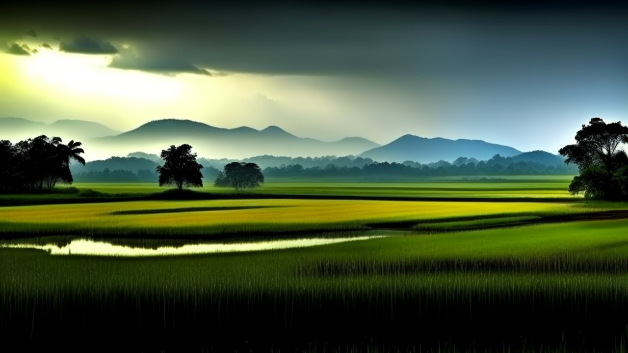 Serene Indonesian Landscape with Lush Green Fields and Mountains