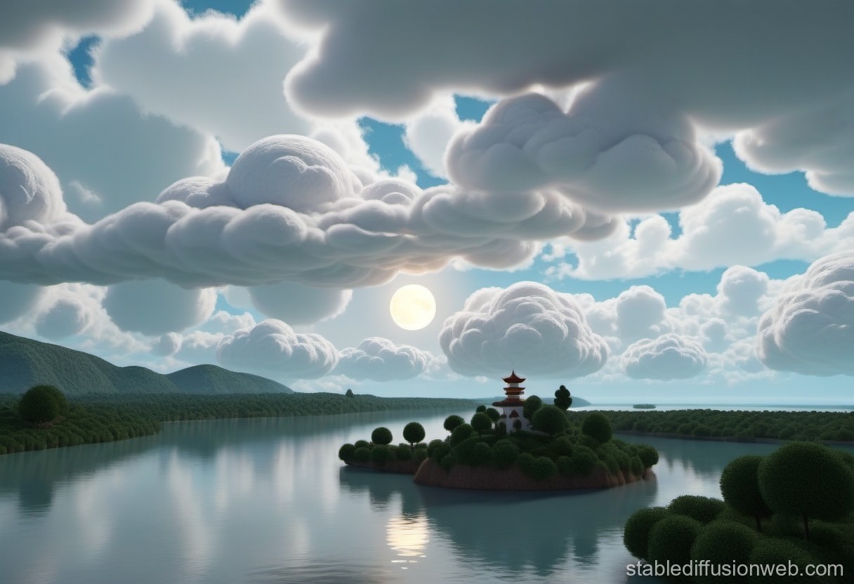 Serene Island with Pagoda Under Fluffy Clouds