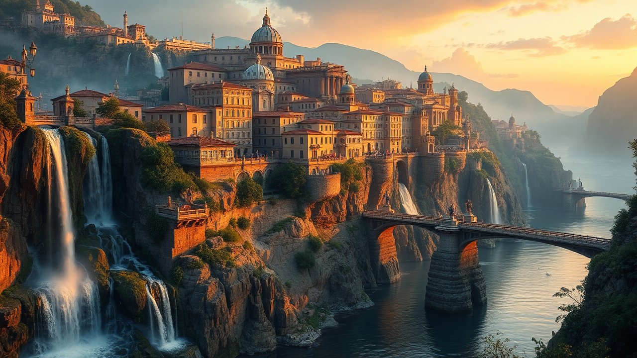 Serene Italian-Style Cityscape with Waterfalls at Sunset