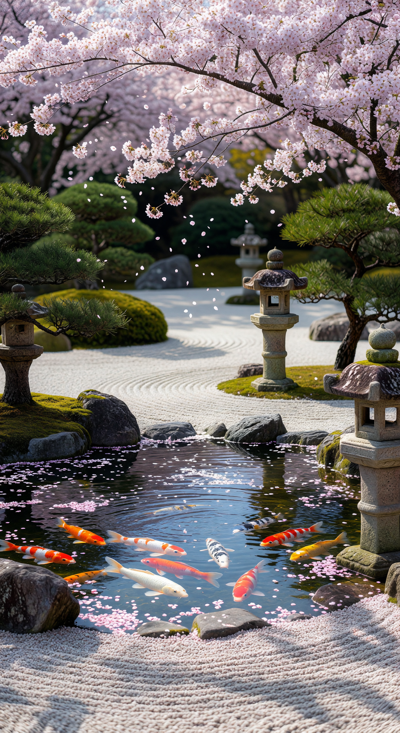 Serene Japanese Garden with Koi Pond and Cherry Blossoms