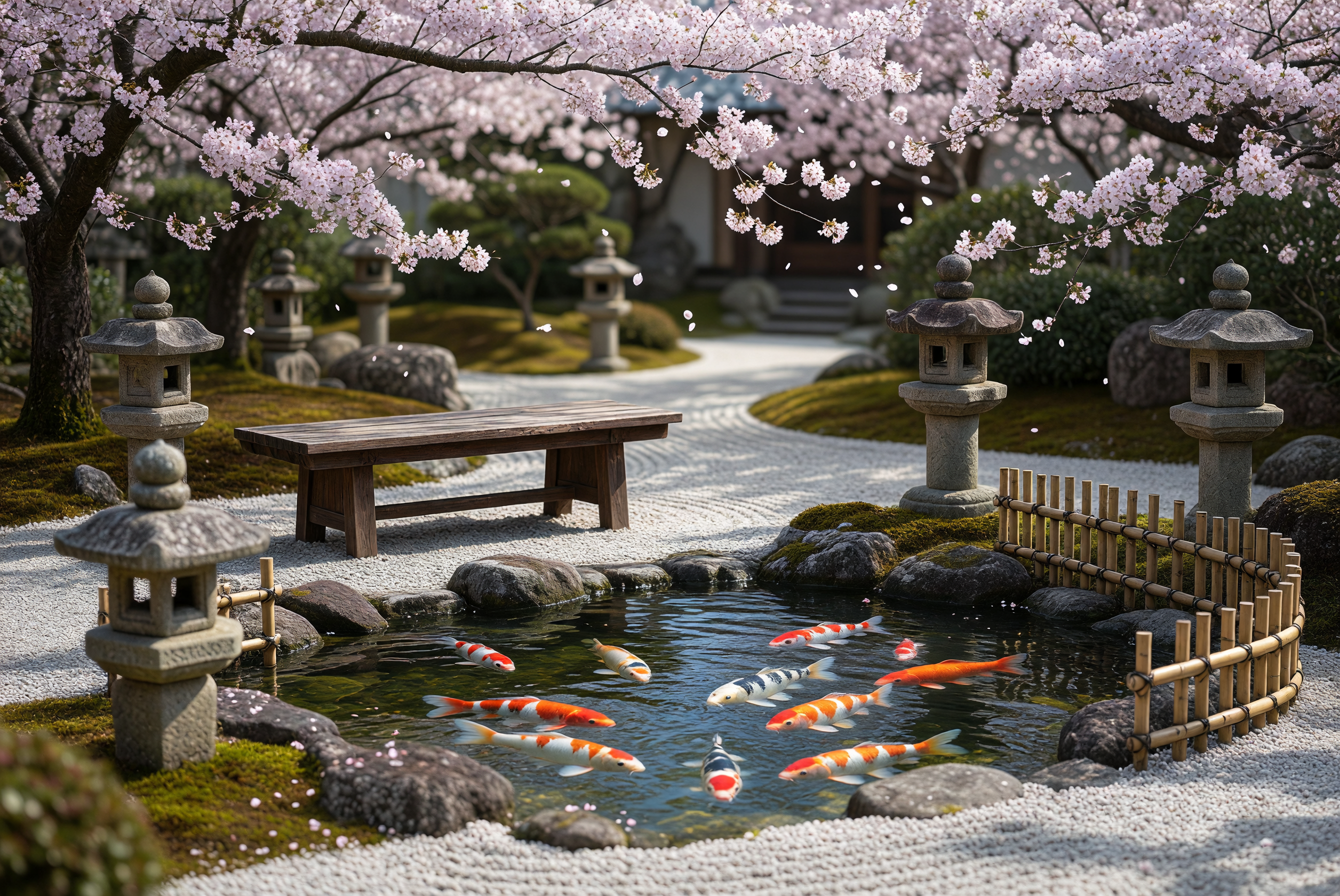 Serene Japanese Garden with Koi Pond and Cherry Blossoms