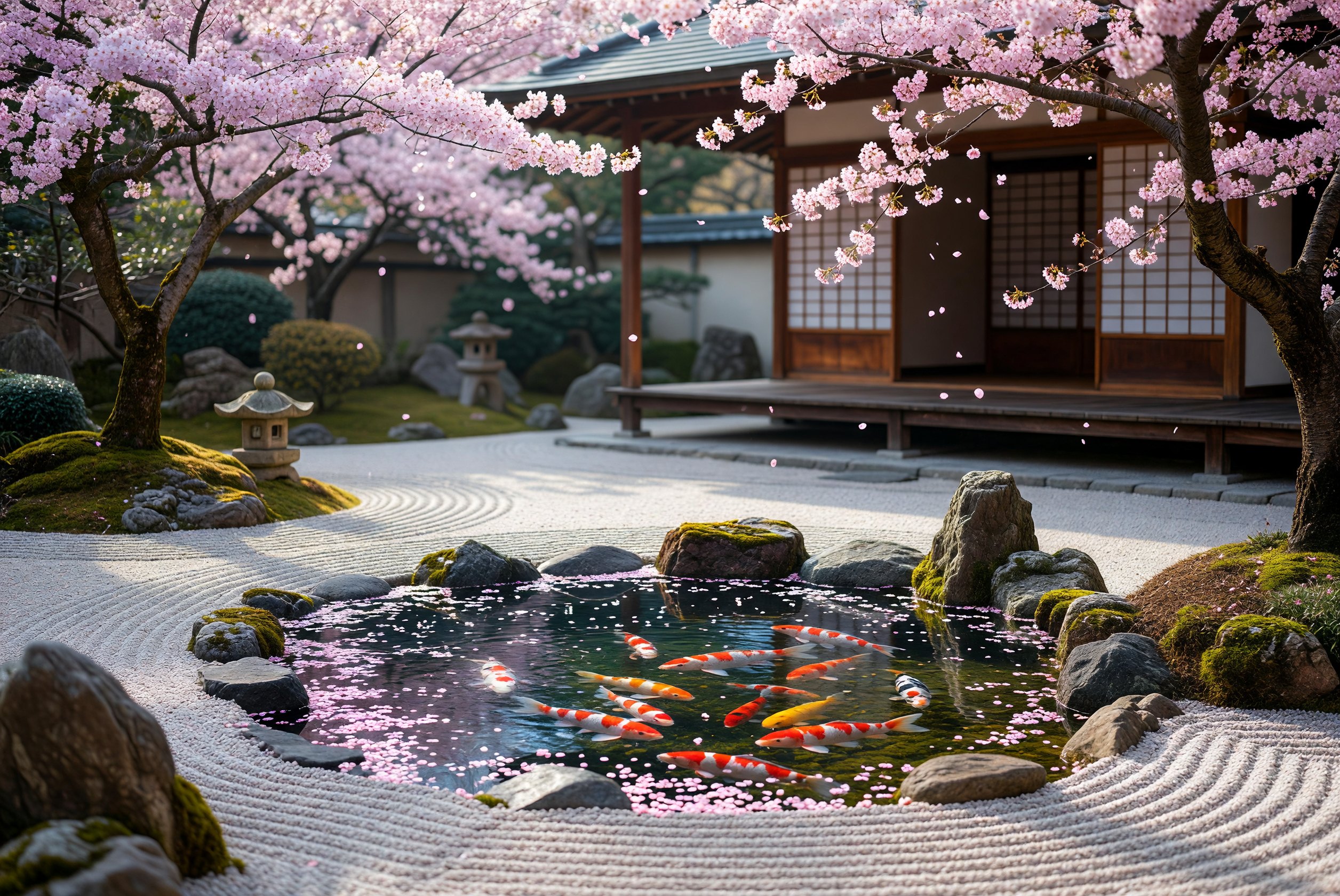 Serene Japanese Garden with Koi Pond and Cherry Blossoms