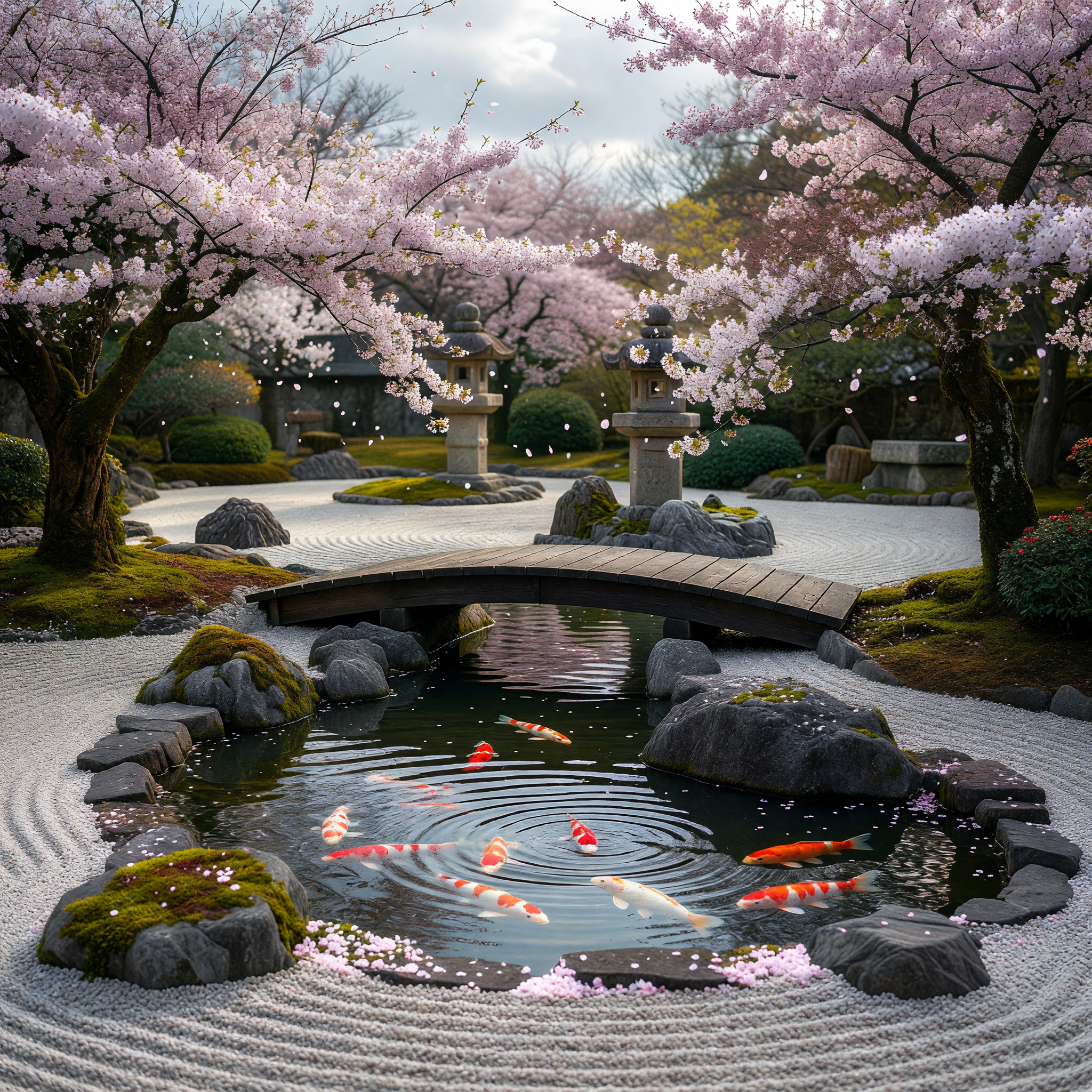 Serene Japanese Garden with Koi Pond and Cherry Blossoms