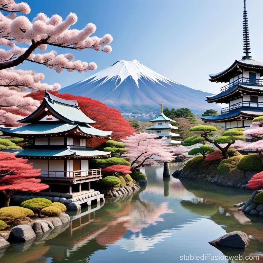 Serene Japanese Garden with Mount Fuji and Cherry Blossoms