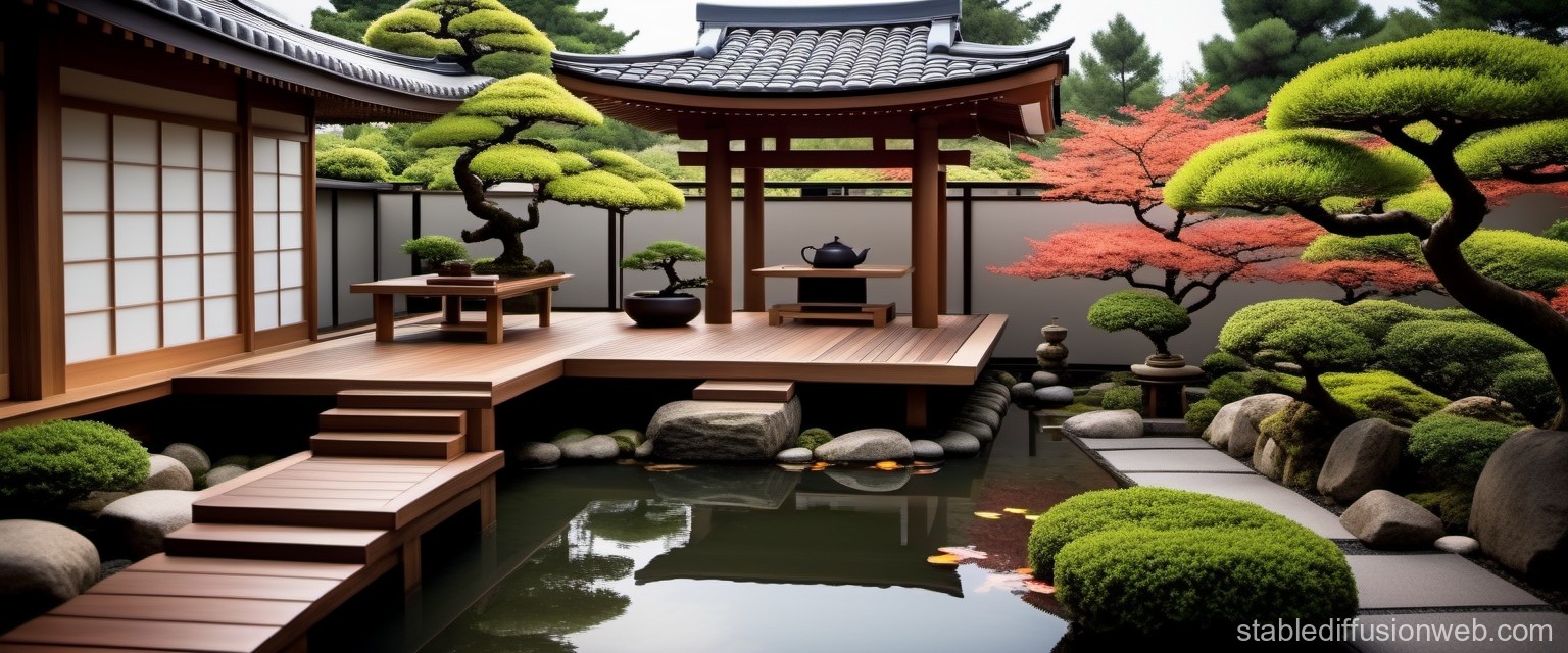Serene Japanese Garden with Traditional Pavilion and Pond