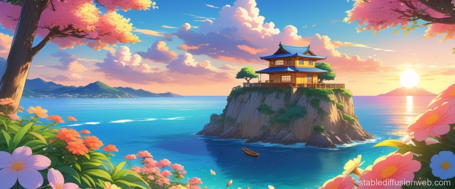 Serene Japanese House on a Cliff at Sunset