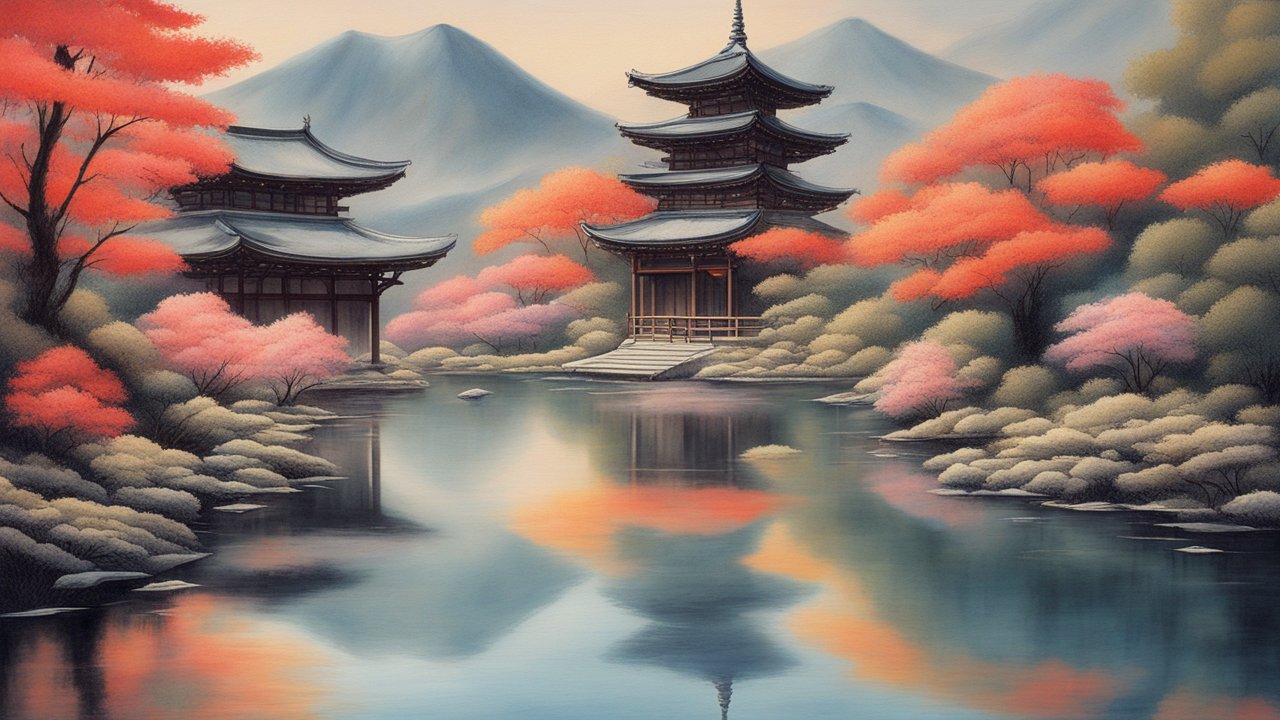 Serene Japanese Landscape with Pagodas and Autumn Foliage