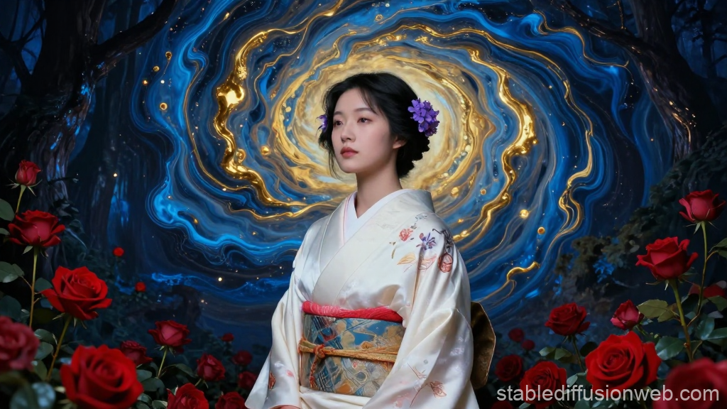 Serene Japanese Woman in Traditional Kimono with Mystical Swirling Background