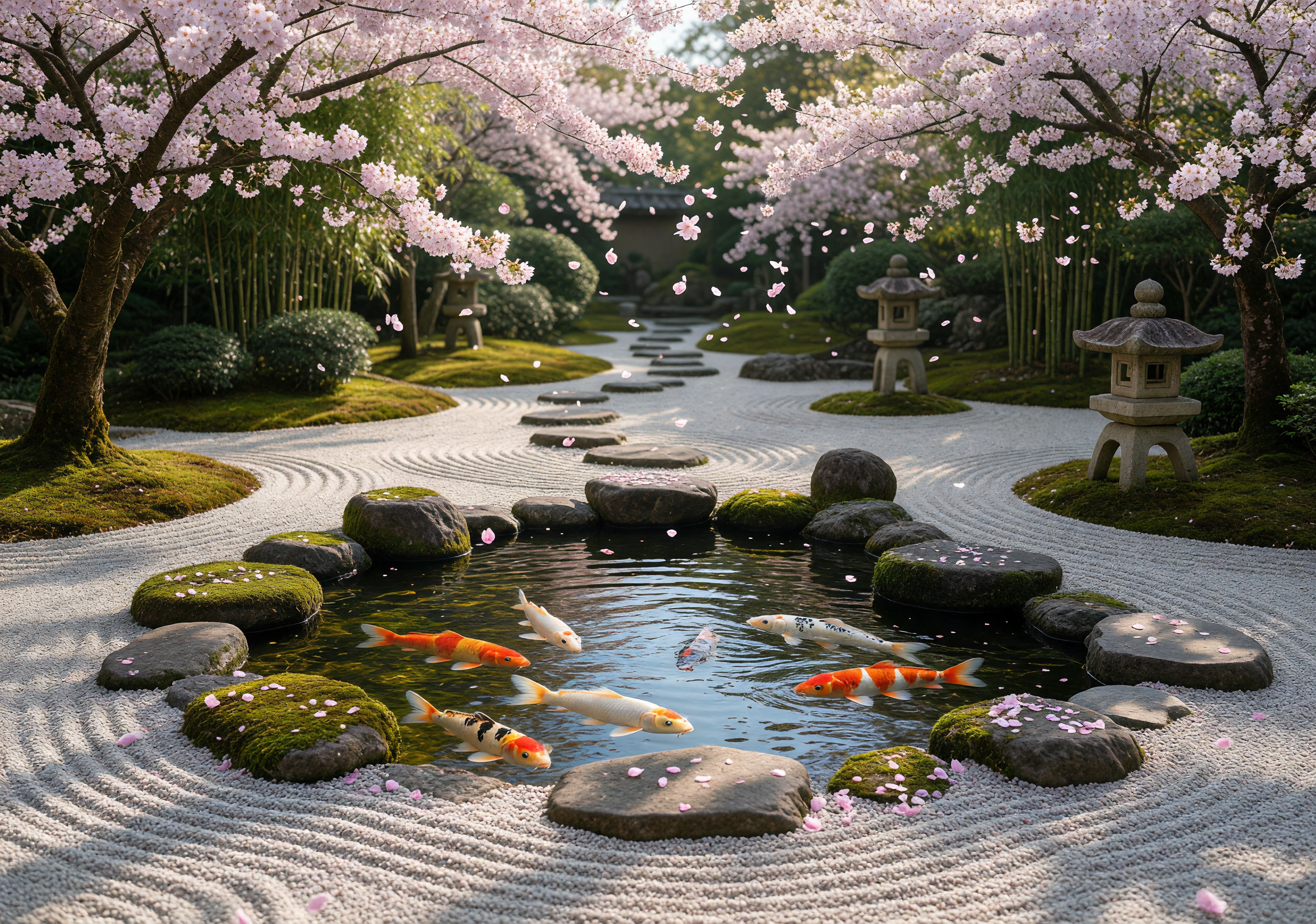 Serene Japanese Zen Garden with Koi Pond and Cherry Blossoms