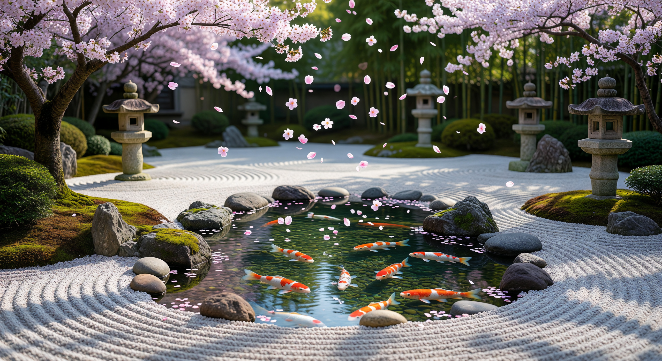 Serene Japanese Zen Garden with Koi Pond and Cherry Blossoms