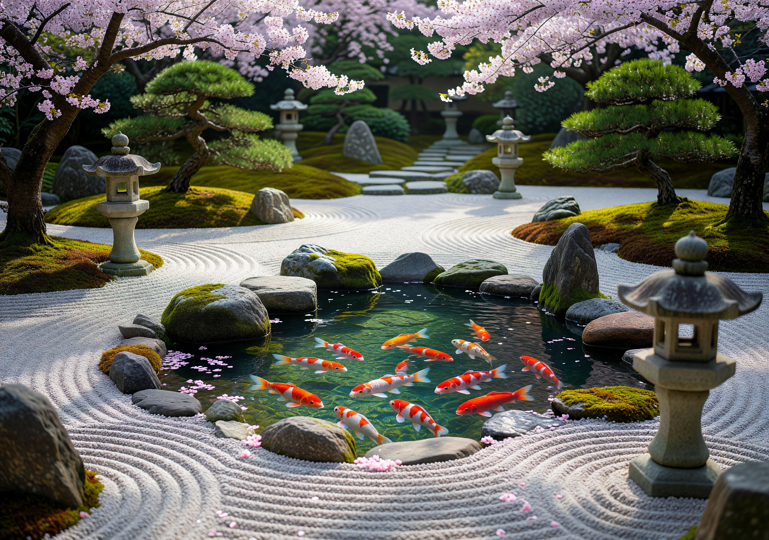 Serene Japanese Zen Garden with Koi Pond and Cherry Blossoms