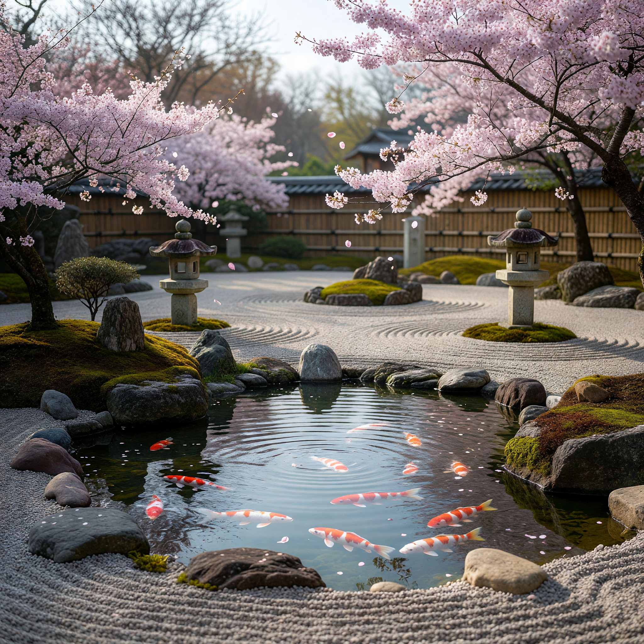 Serene Japanese Zen Garden with Koi Pond and Cherry Blossoms