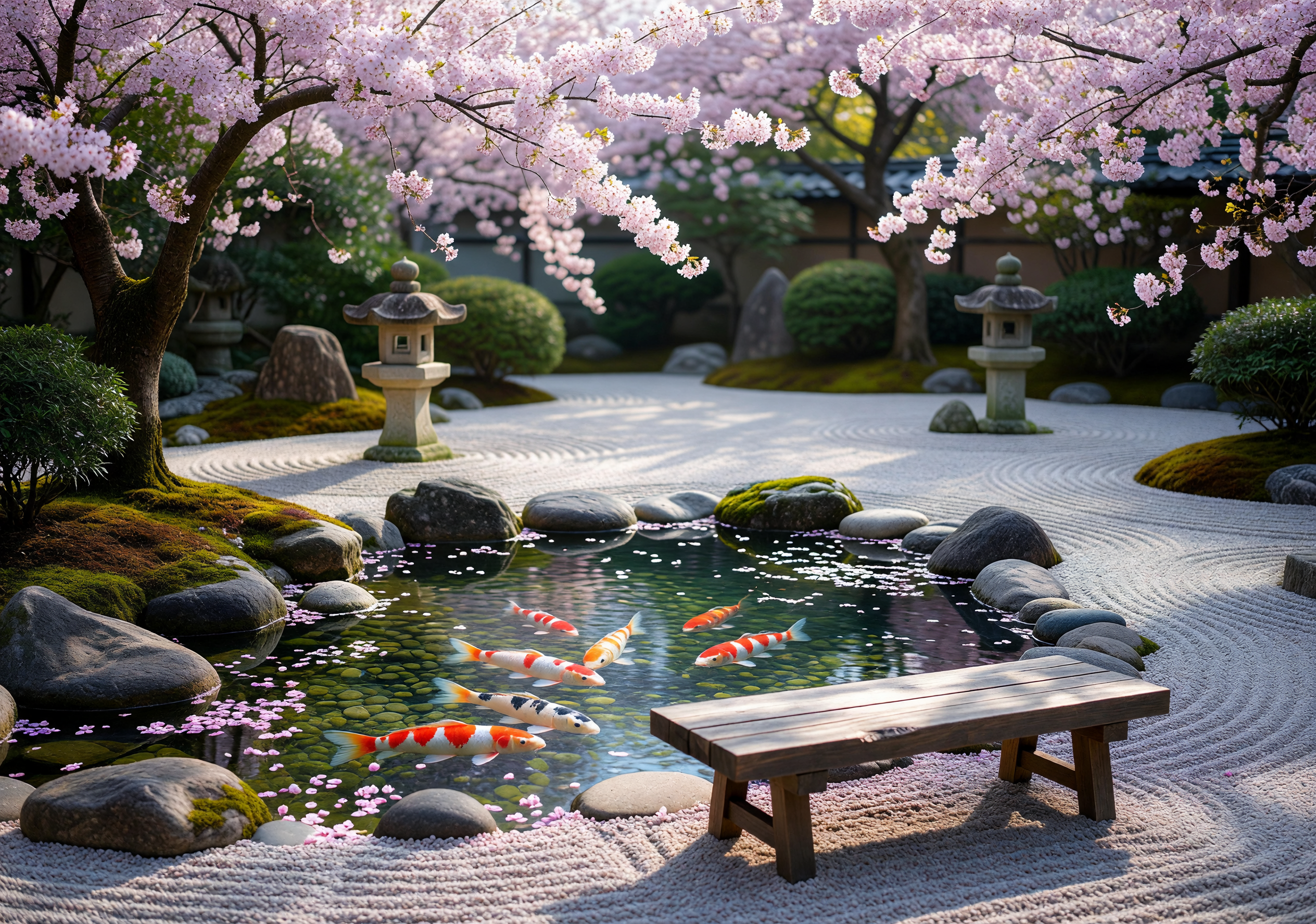 Serene Japanese Zen Garden with Koi Pond and Sakura Blossoms