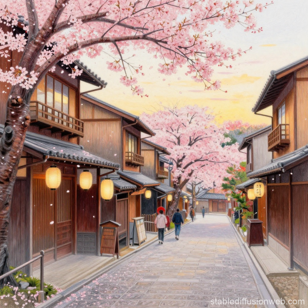 Serene Kyoto Street with Cherry Blossoms at Sunset