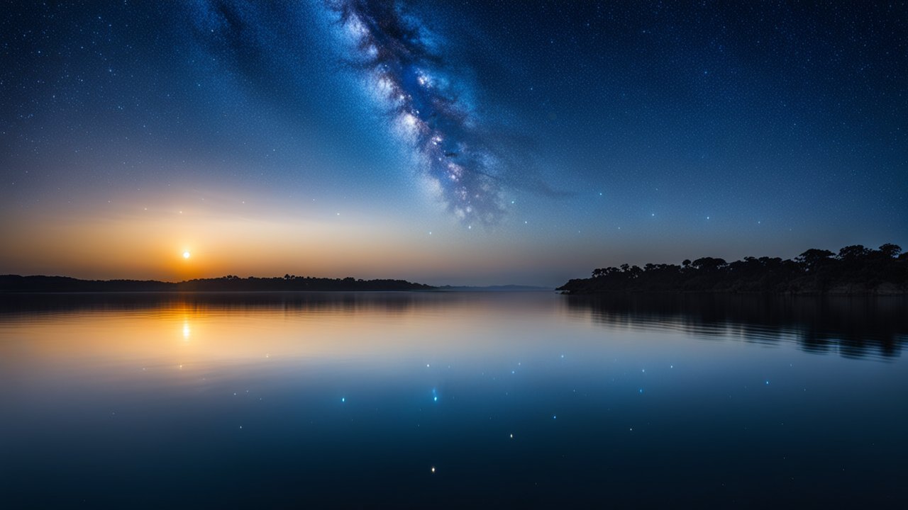 Serene Lake at Sunset with Milky Way Reflection