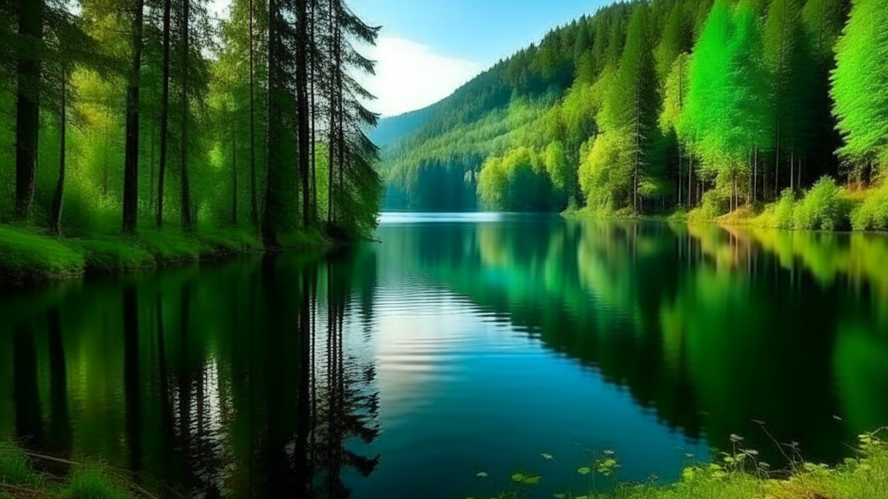 Serene Lake Surrounded by Lush Green Forest