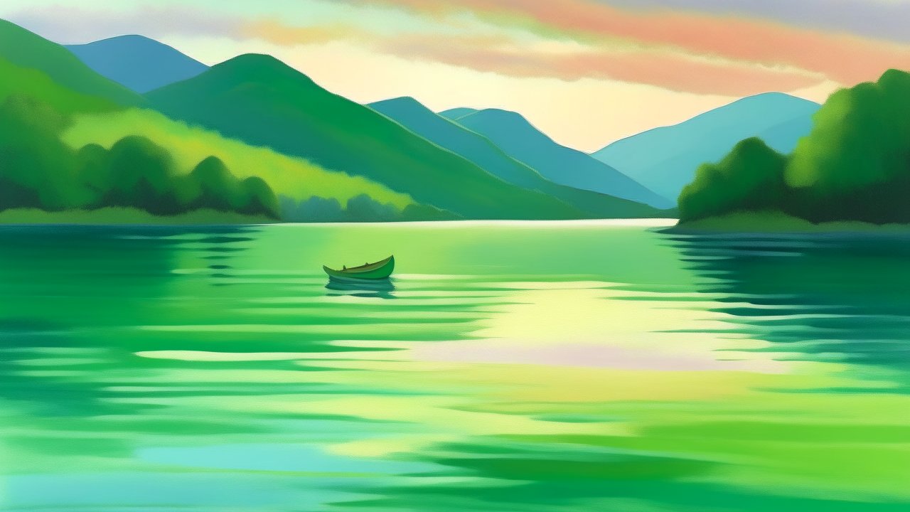 Serene Lake with Boat and Rolling Hills at Sunset
