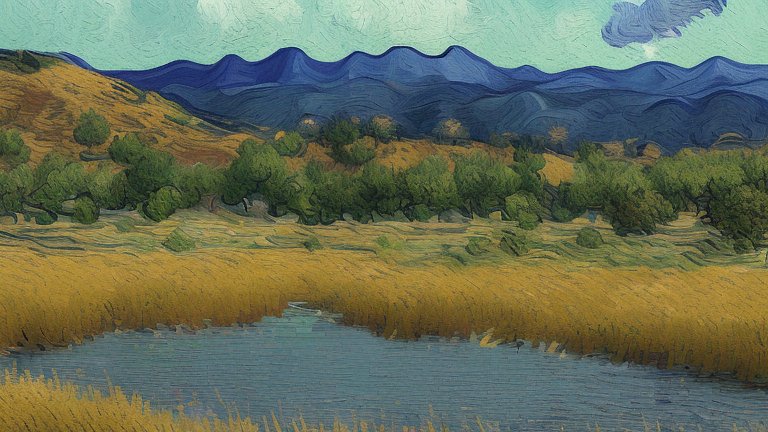 Serene Landscape with Mountains and River in Painting Style